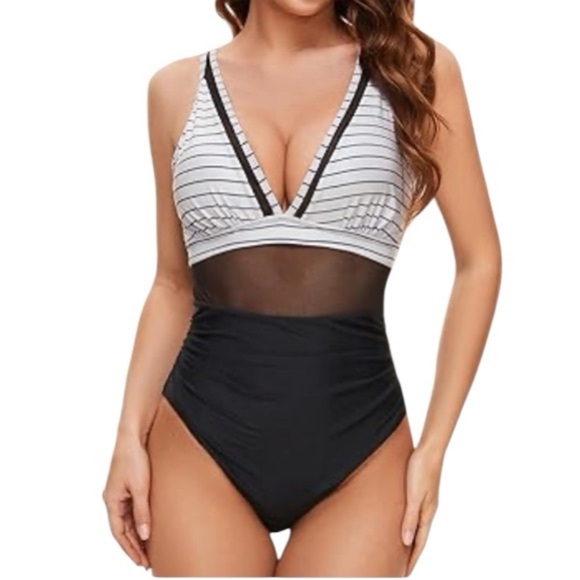 Striped V-neck tummy control one piece monokini with sheer mesh high waist. - Picture 1 of 16